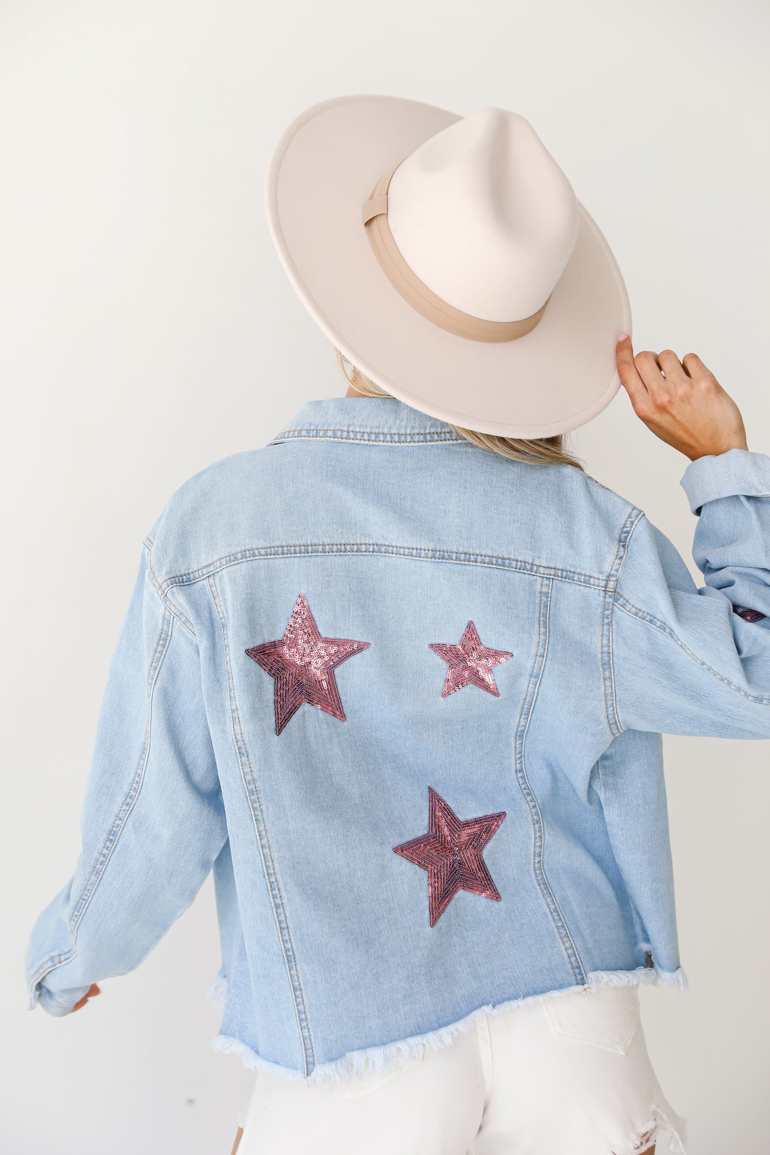 Pink Sequin Star Denim Jacket back view