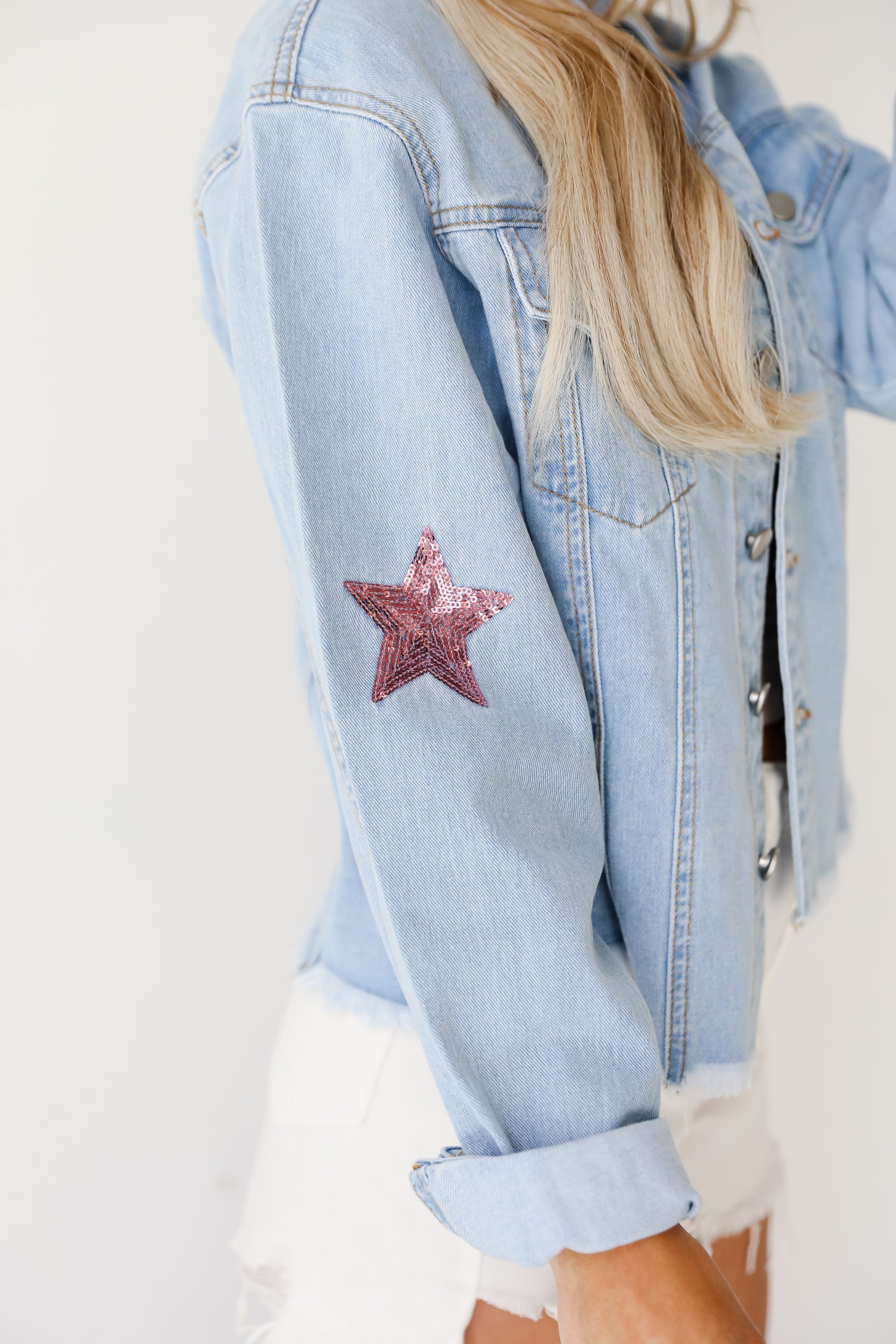Pink Sequin Star Denim Jacket close up