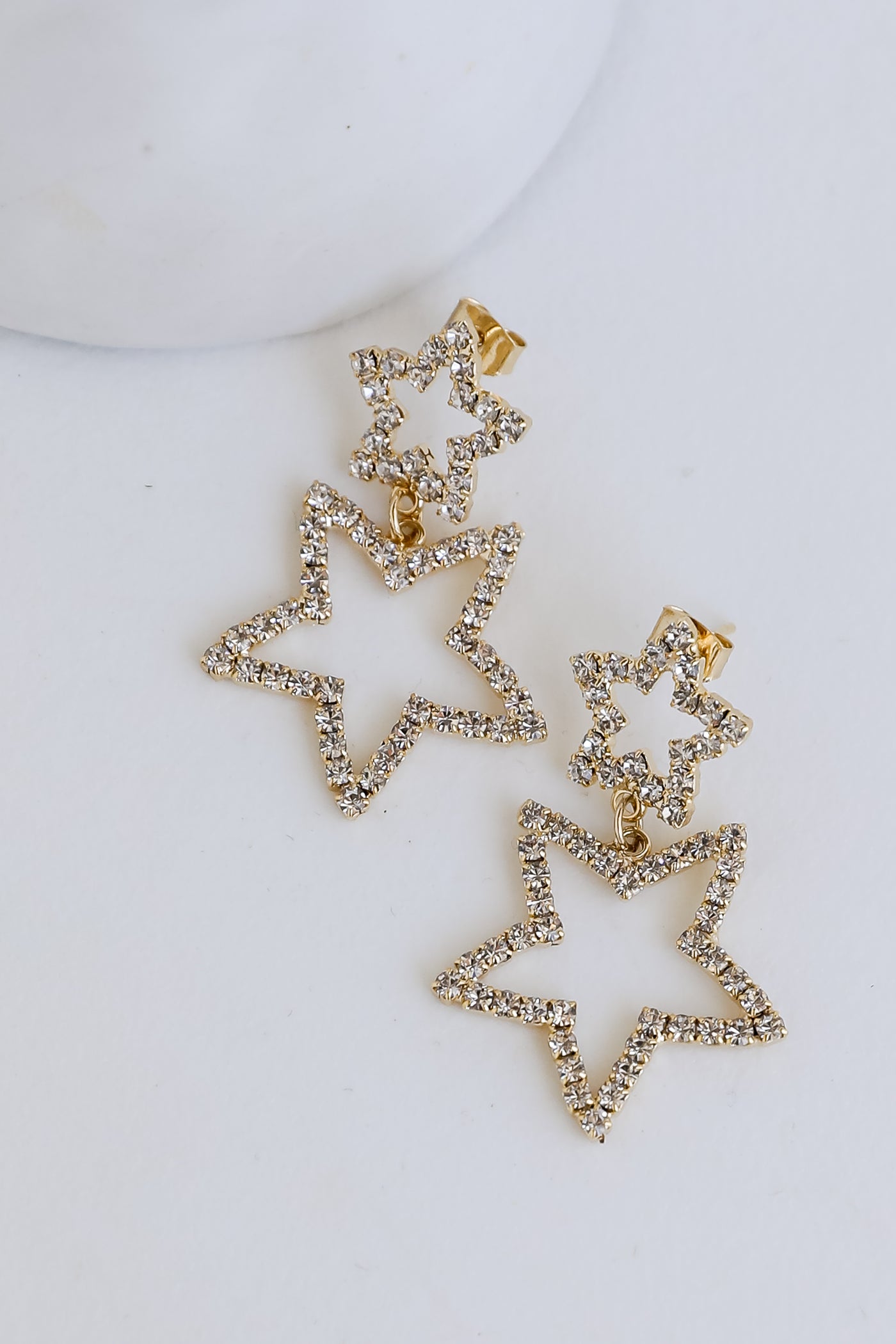 Gold Rhinestone Star Drop Earrings close up