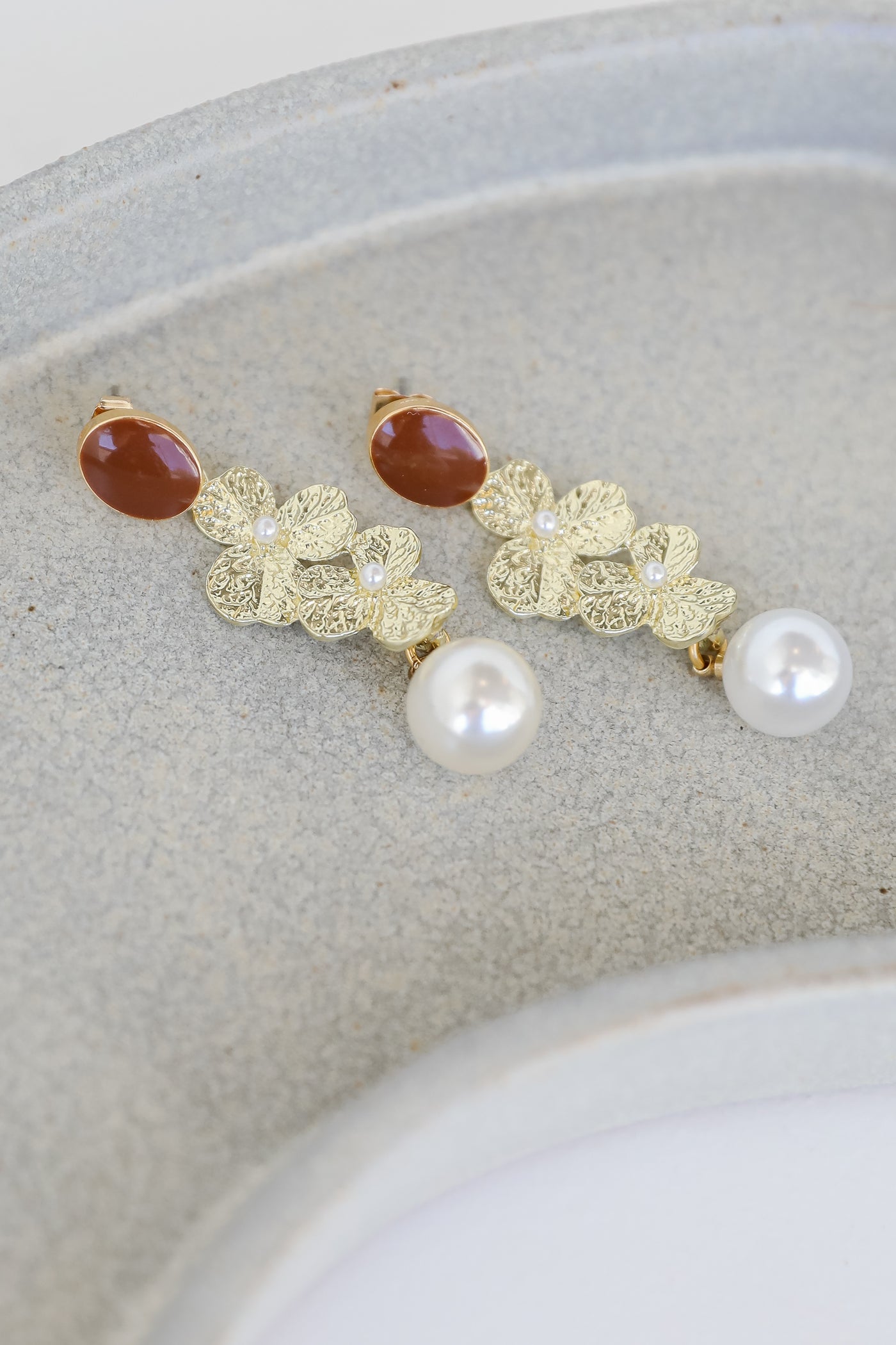 Gold Leaf + Pearl Drop Earrings on model