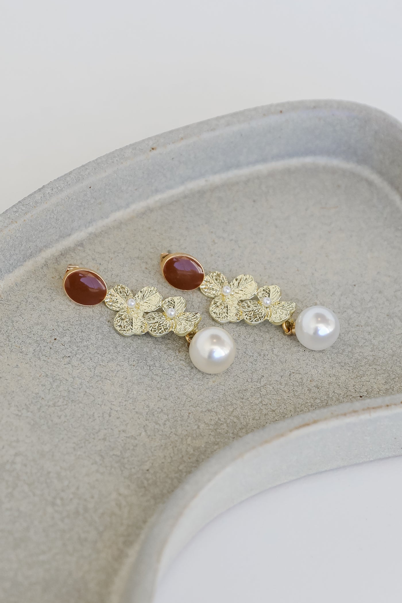 Gold Leaf + Pearl Drop Earrings close up