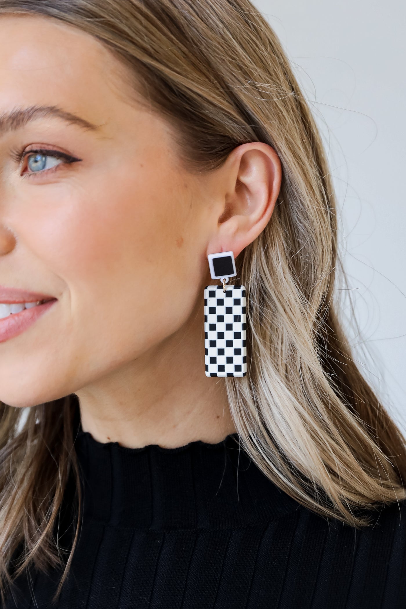 Checkered Drop Earrings on model