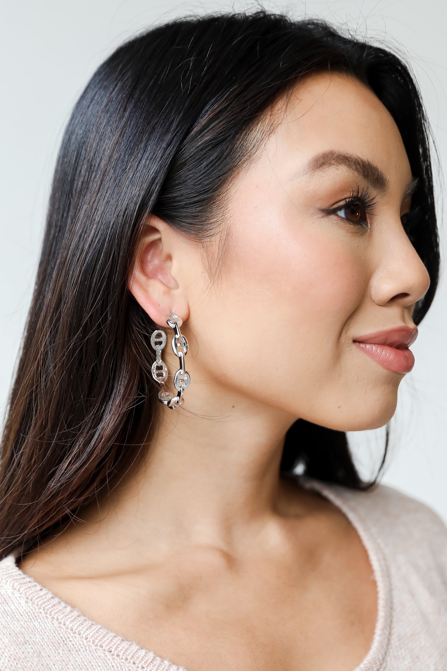 Silver Chain Hoop Earrings on model