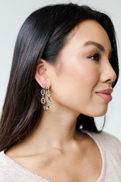 Silver Chain Hoop Earrings on model