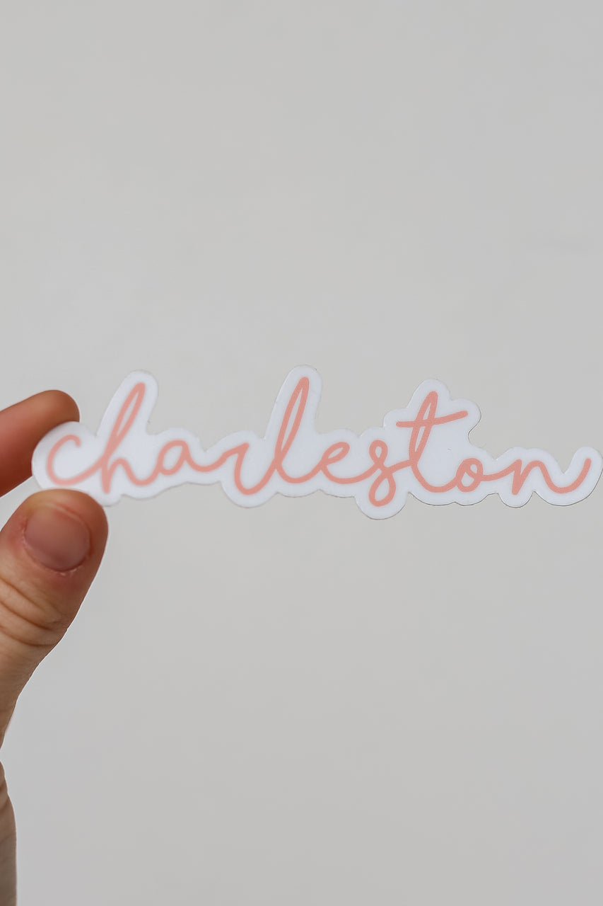 Small Charleston Script Sticker in blush flat lay