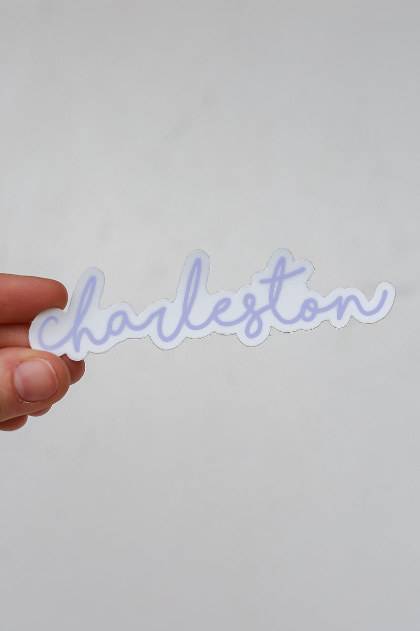 Small Charleston Script Sticker in lavender flat lay