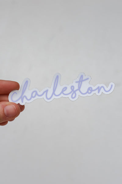 Small Charleston Script Sticker in lavender flat lay