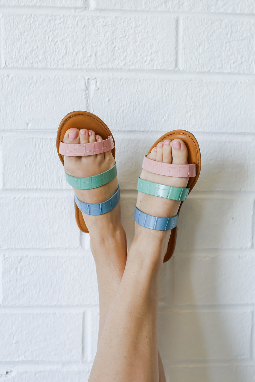 Strappy Slide Sandals in blue on model