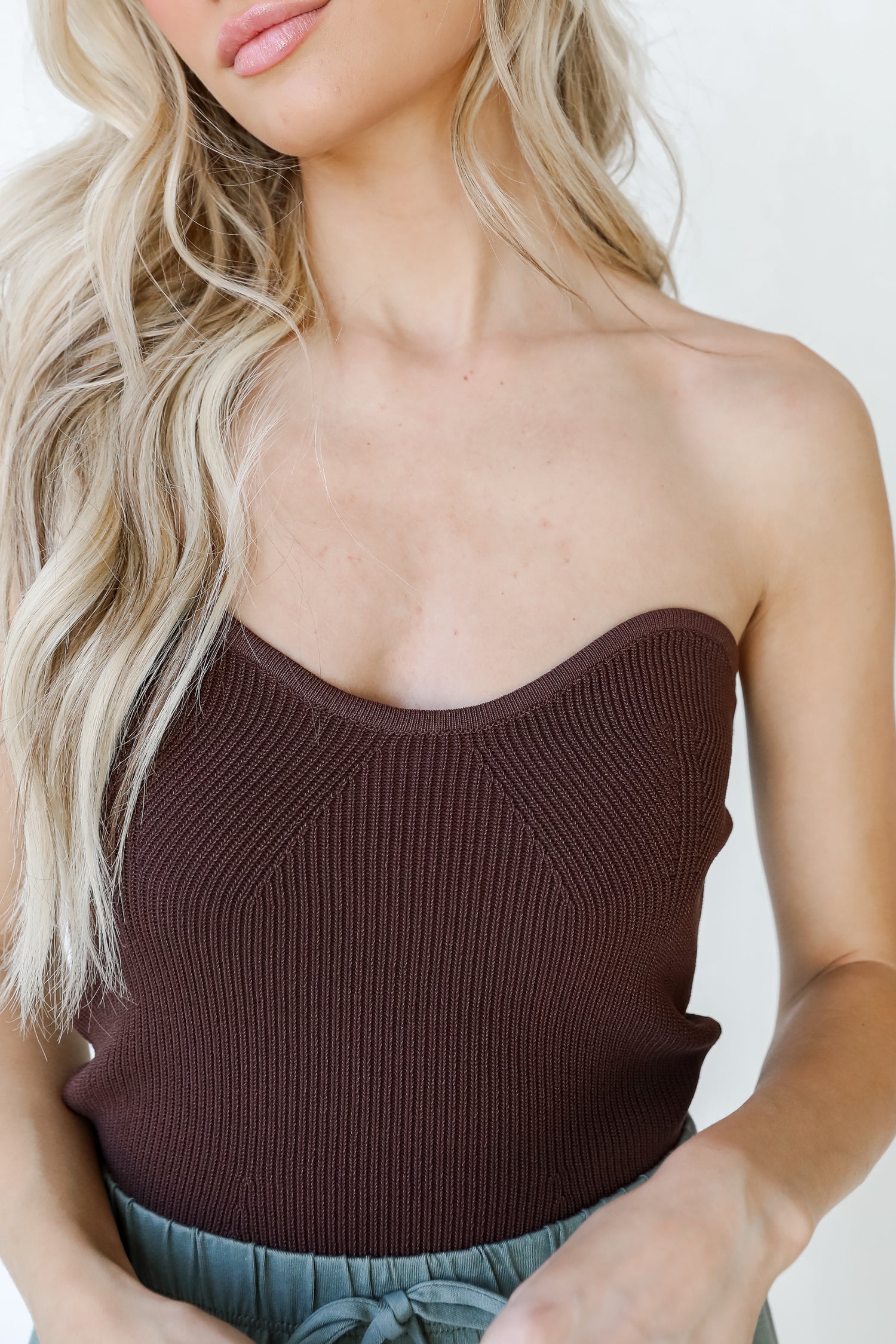 Knit Tube Top in mocha on model