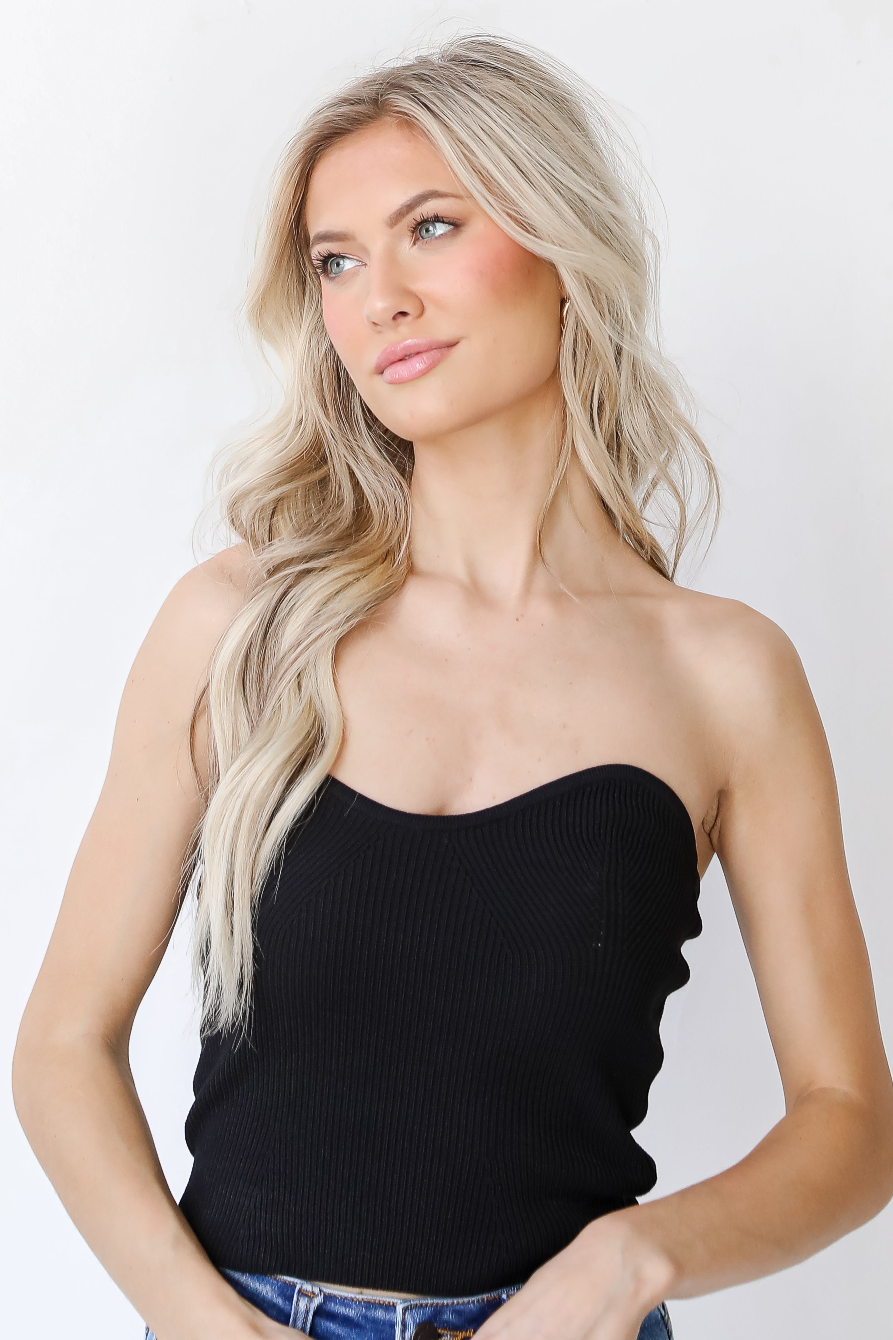 Knit Tube Top in black on model