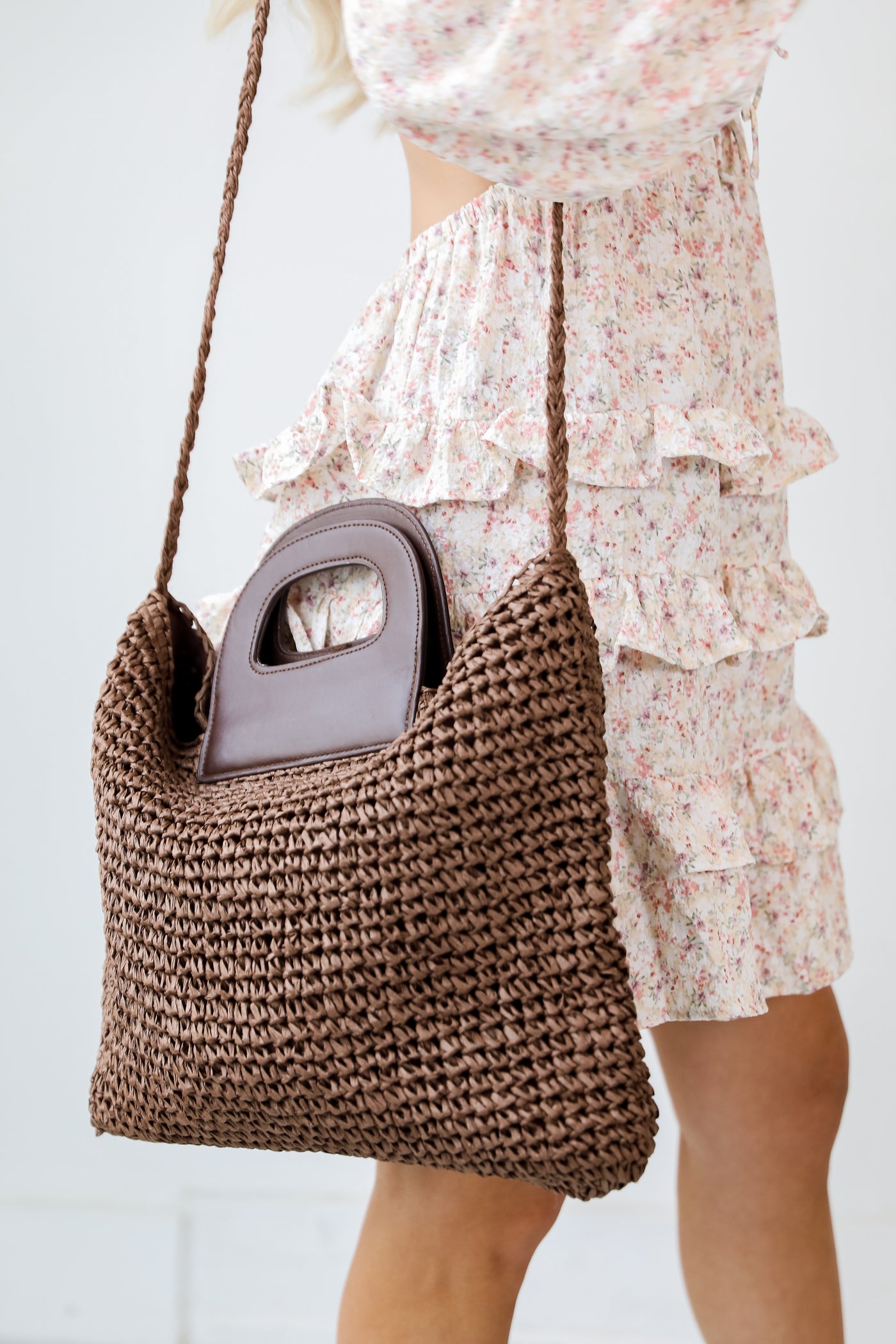 brown Straw Tote Bag on model