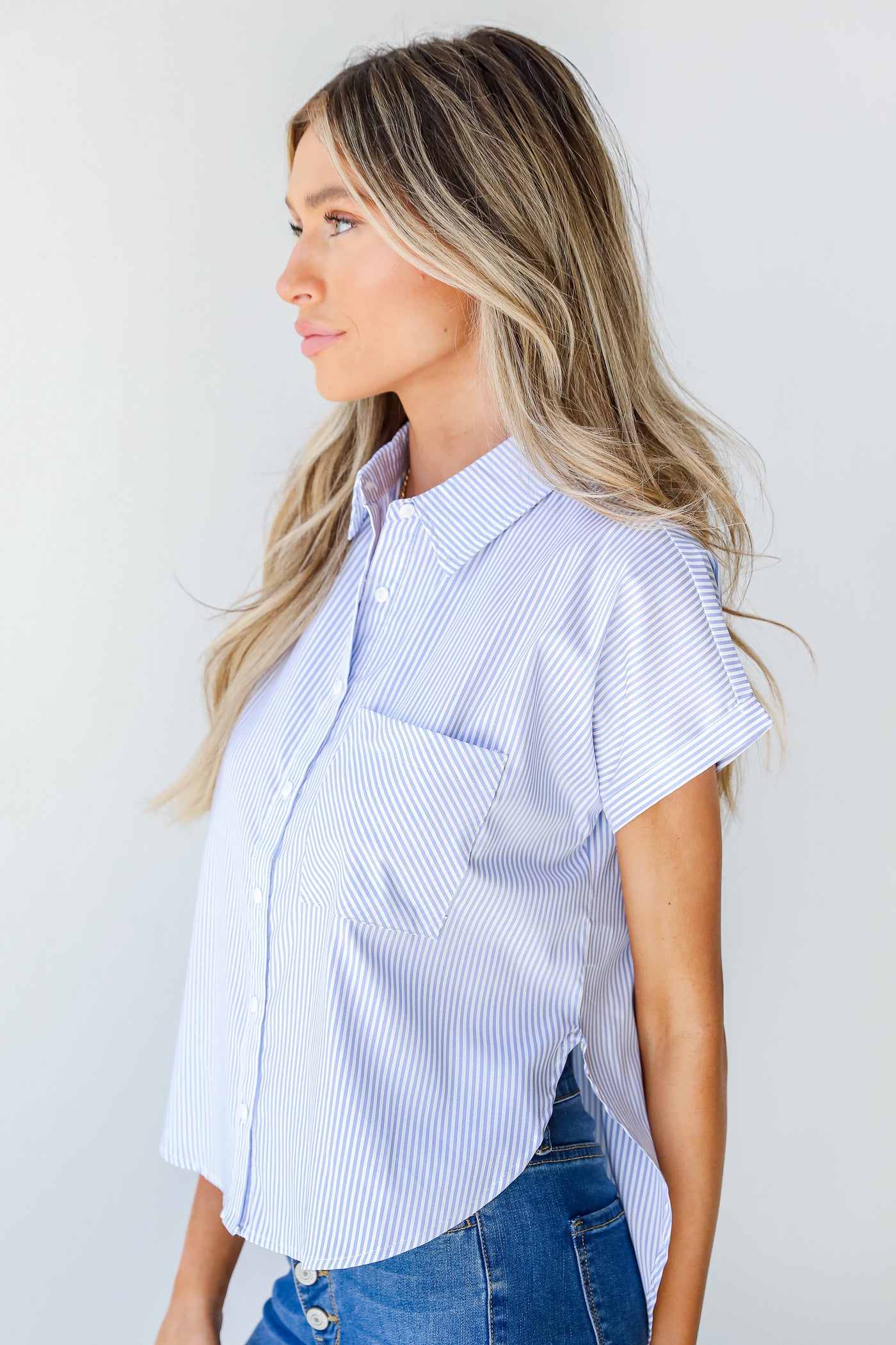 Striped Button-Up Blouse in light blue side view