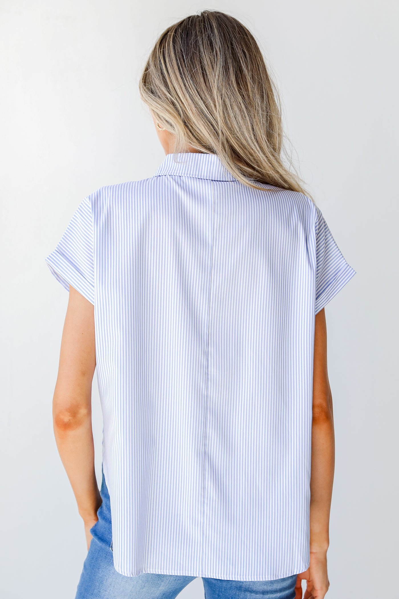 Striped Button-Up Blouse in light blue back view