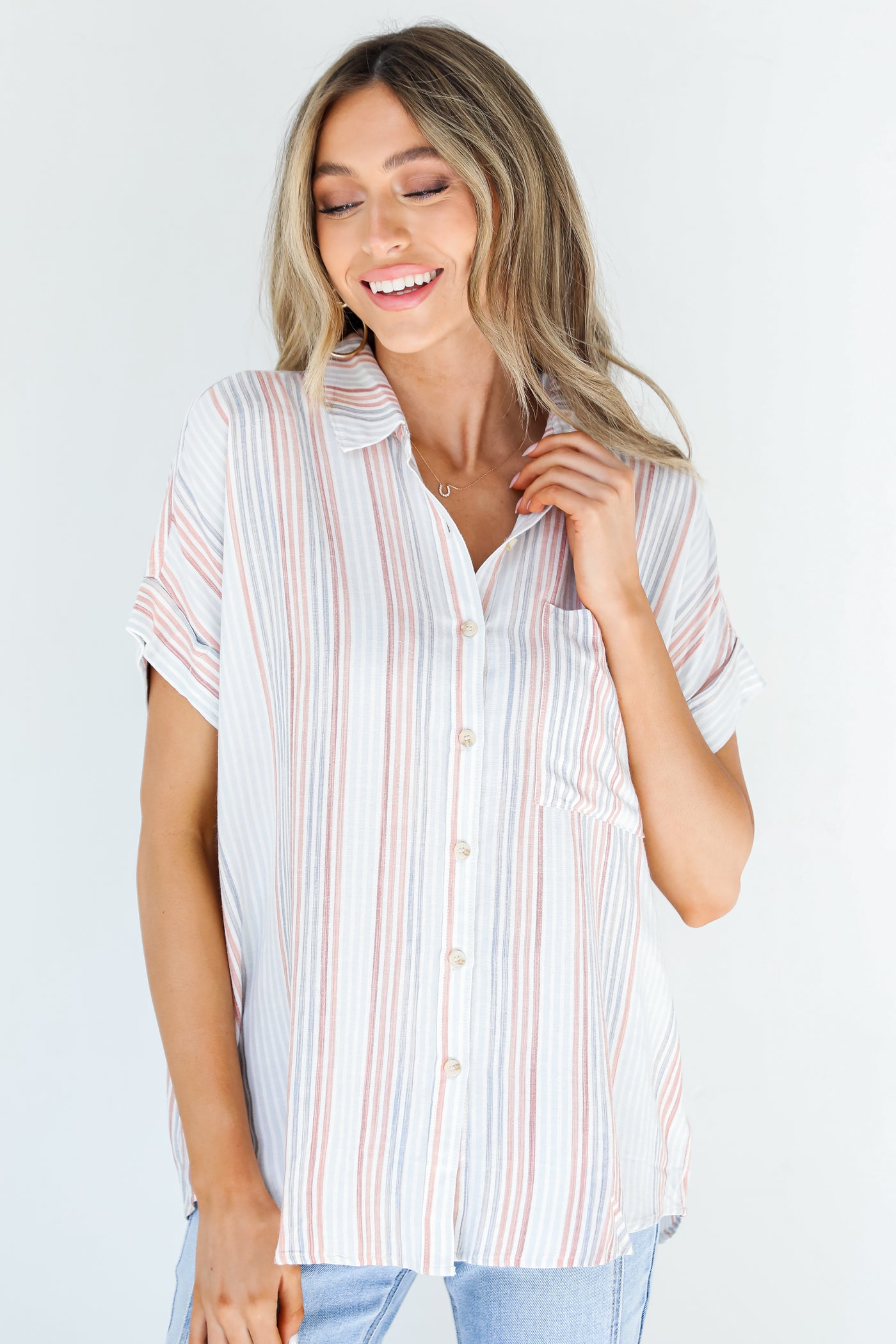 Striped Button-Up Blouse on model