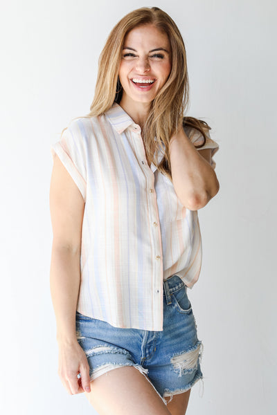 Striped Button-Up Blouse on model