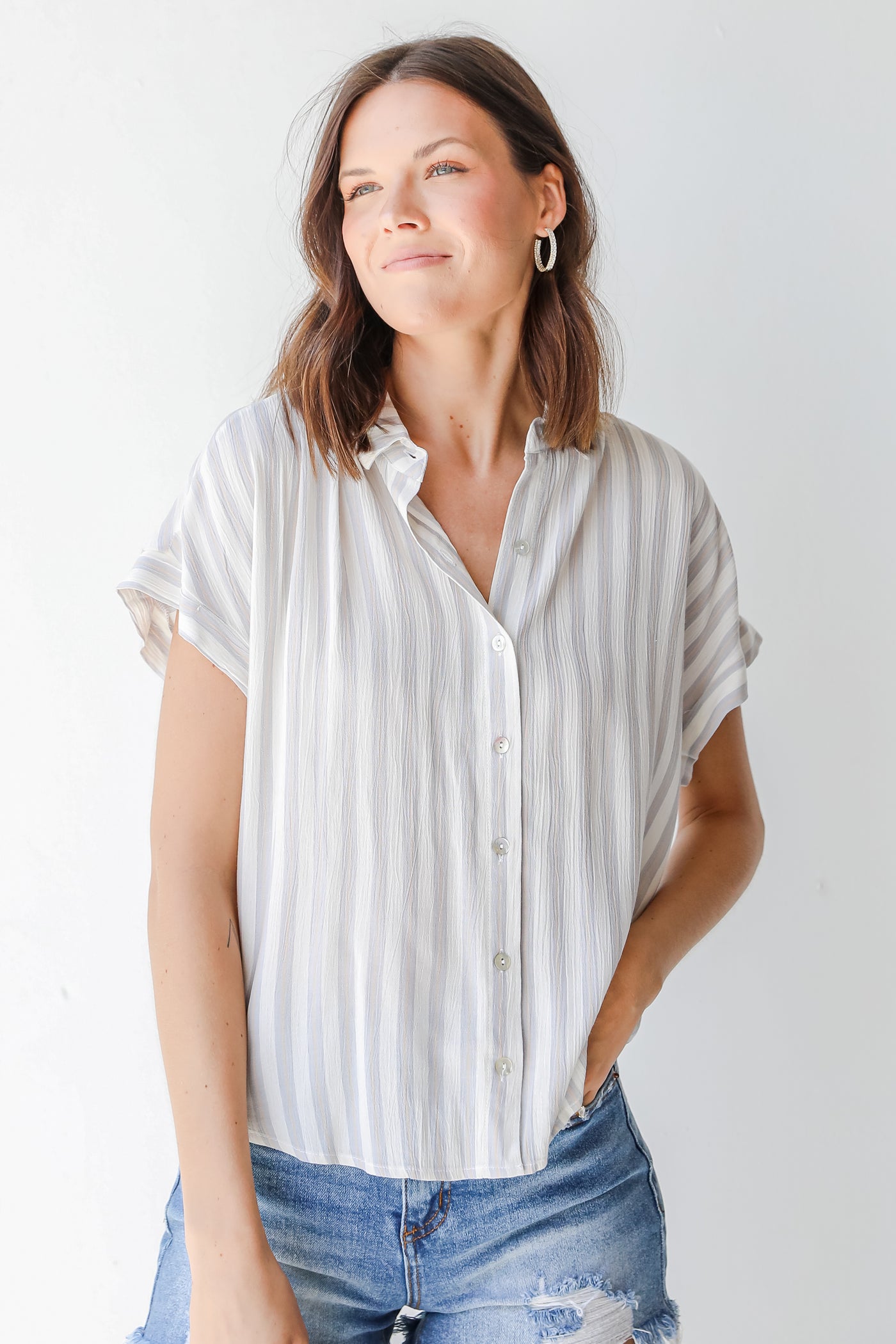 So Fresh Striped Button-Up Blouse