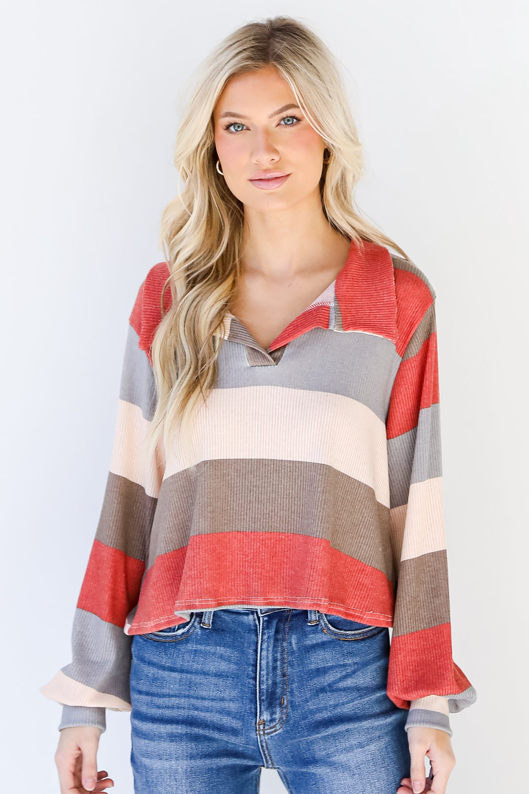 Striped Collared Top front view on model