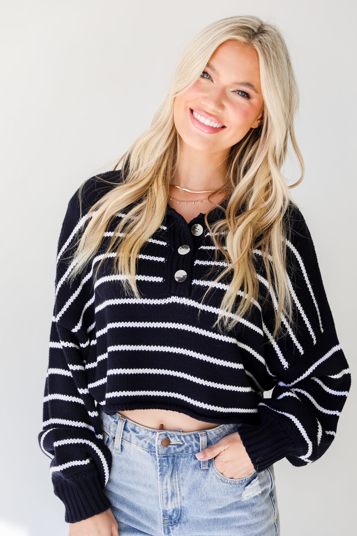 navy Striped Cropped Sweater