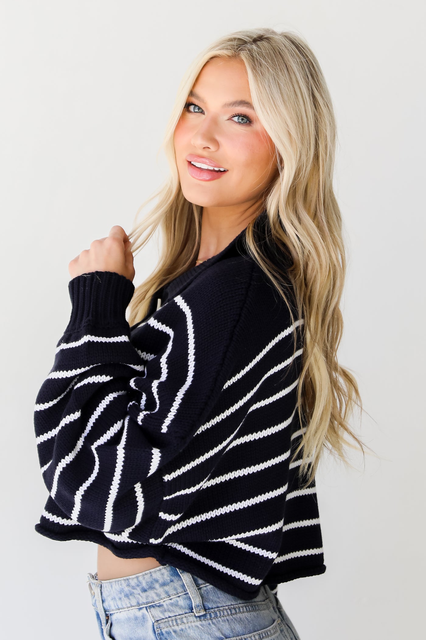 navy Striped Cropped Sweater side view