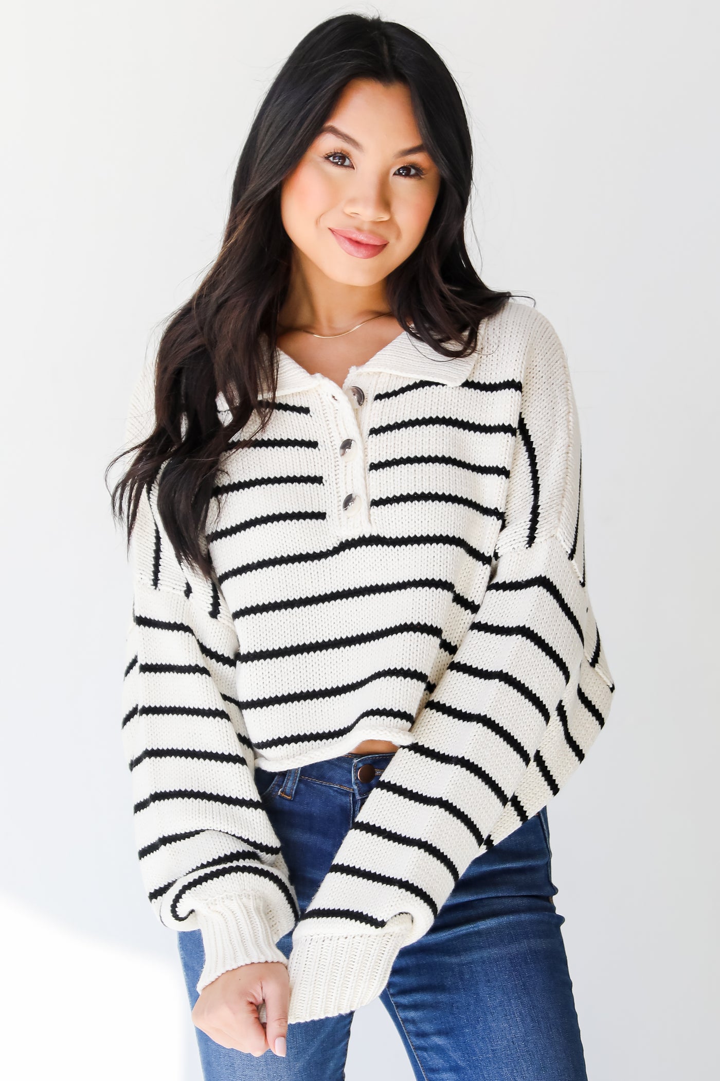 white Striped Cropped Sweater on model