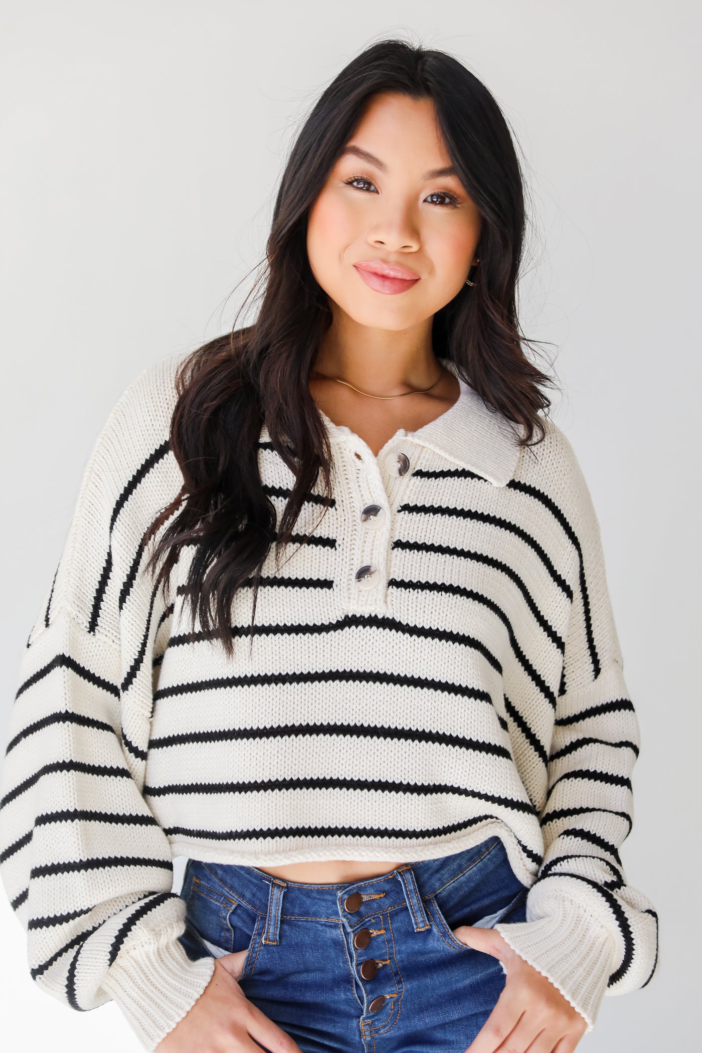 white Striped Cropped Sweater