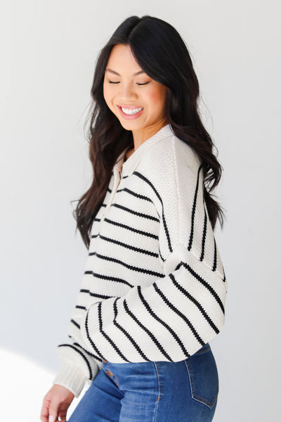 white Striped Cropped Sweater side view
