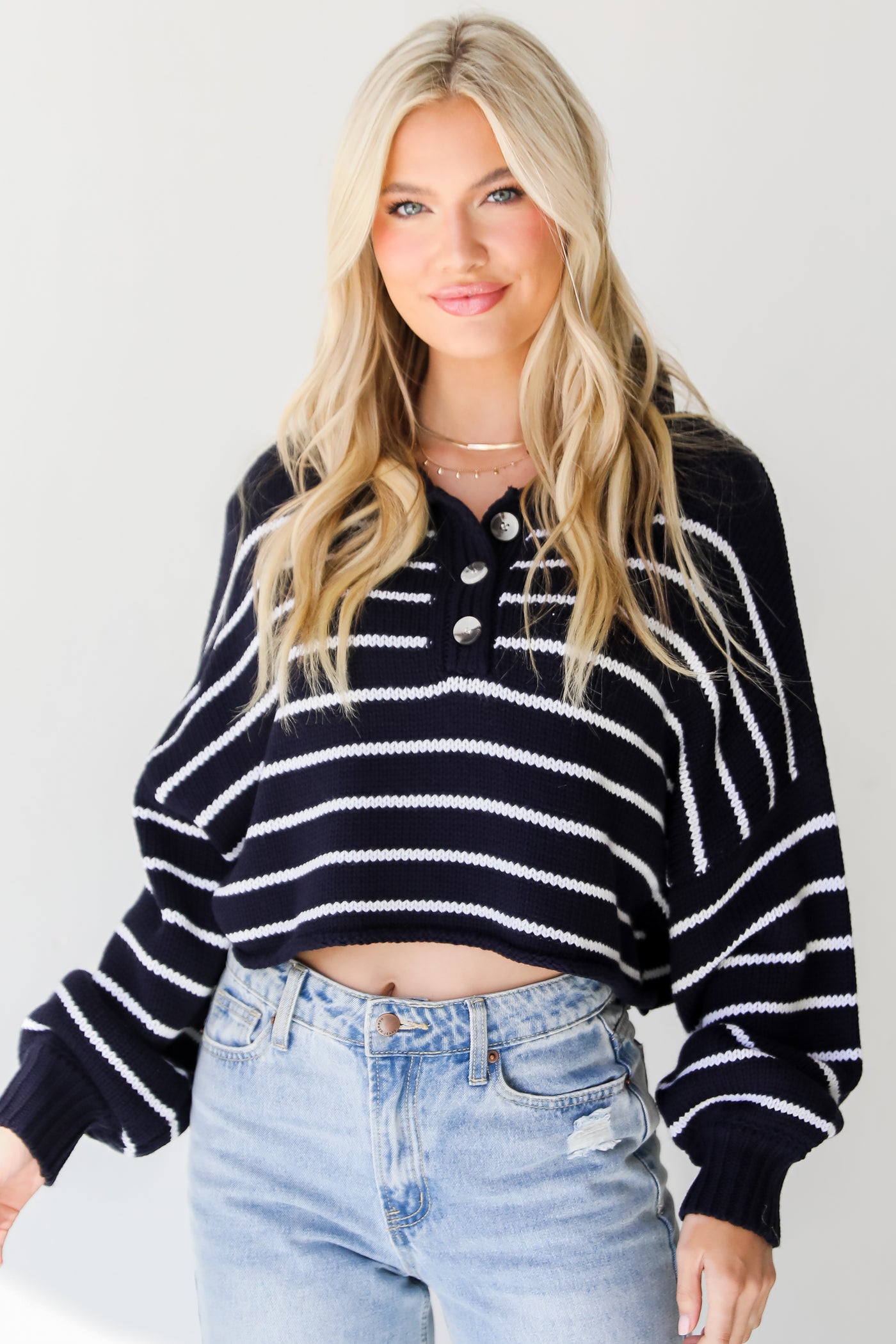navy Striped Cropped Sweater on model