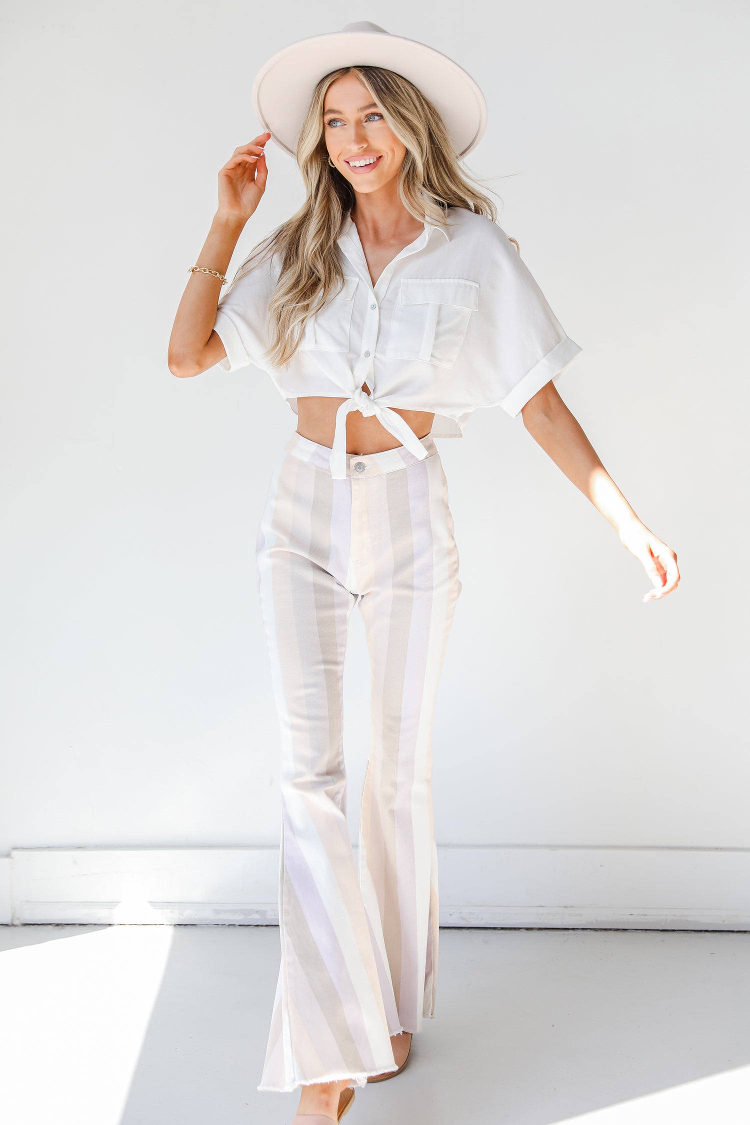 Striped Flare Jeans in lavender front view