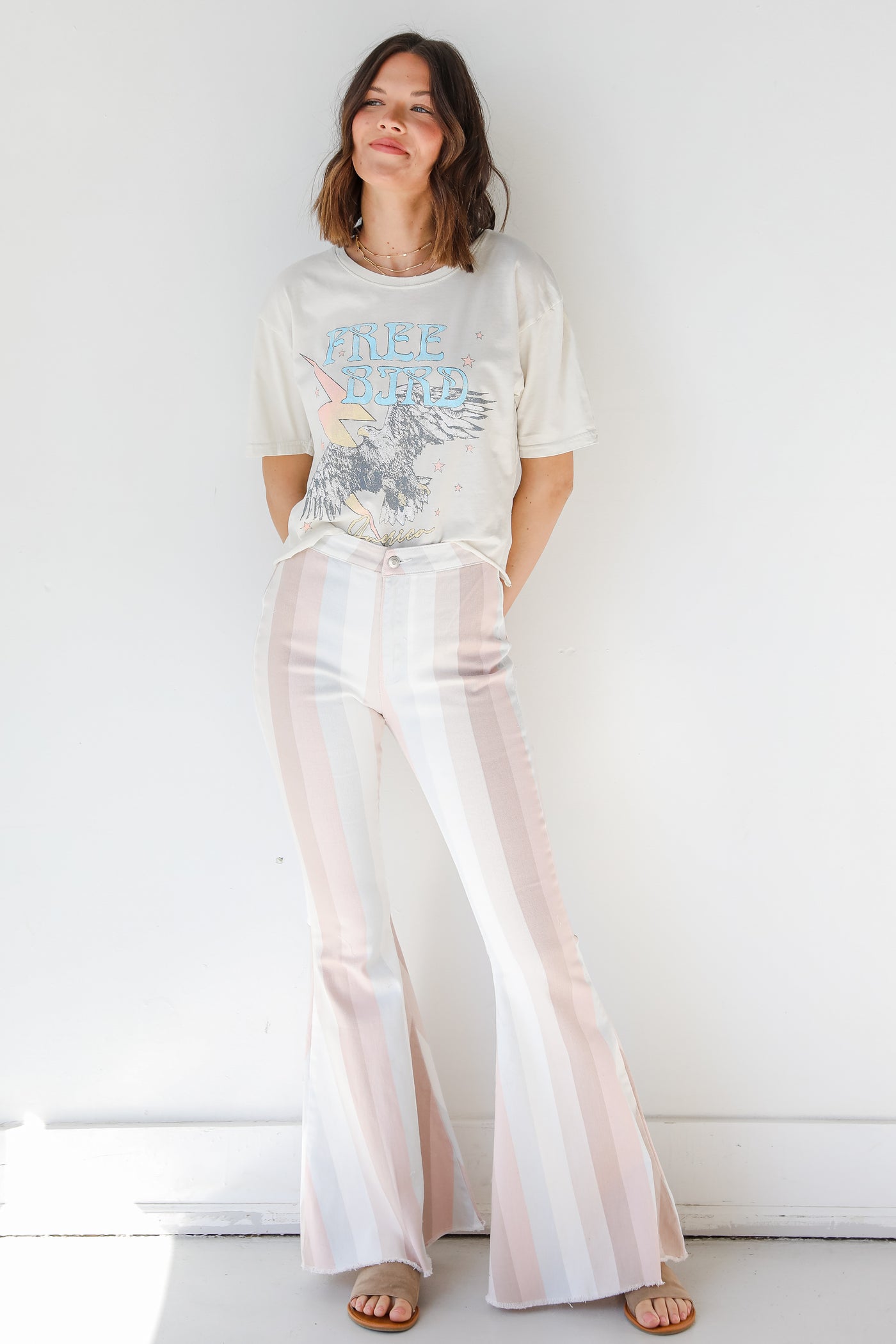 Striped Flare Jeans in blush front view