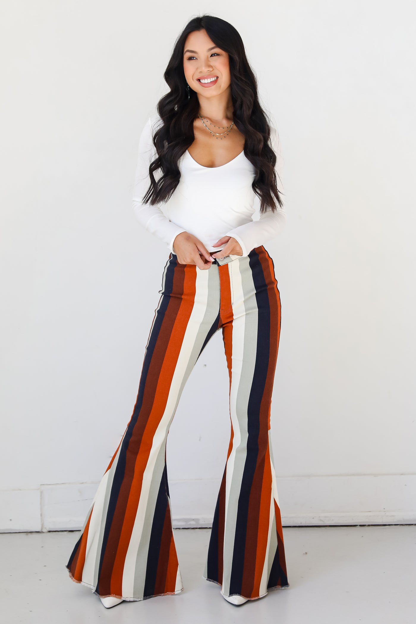 Striped Flare Jeans on model
