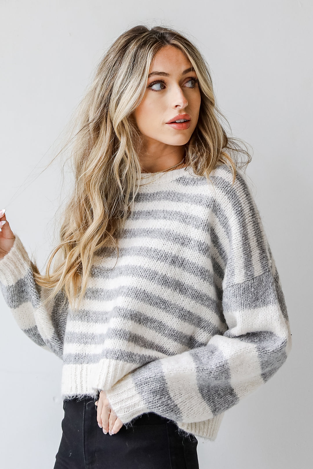 Striped Sweater in heather grey side view