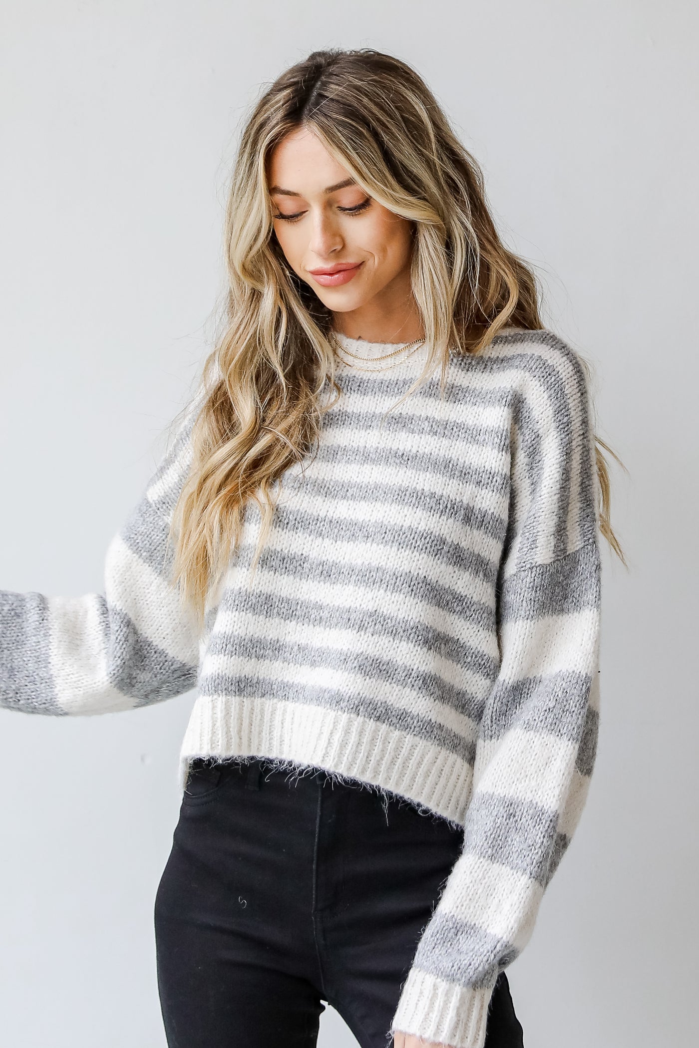 Striped Sweater in heather grey on model