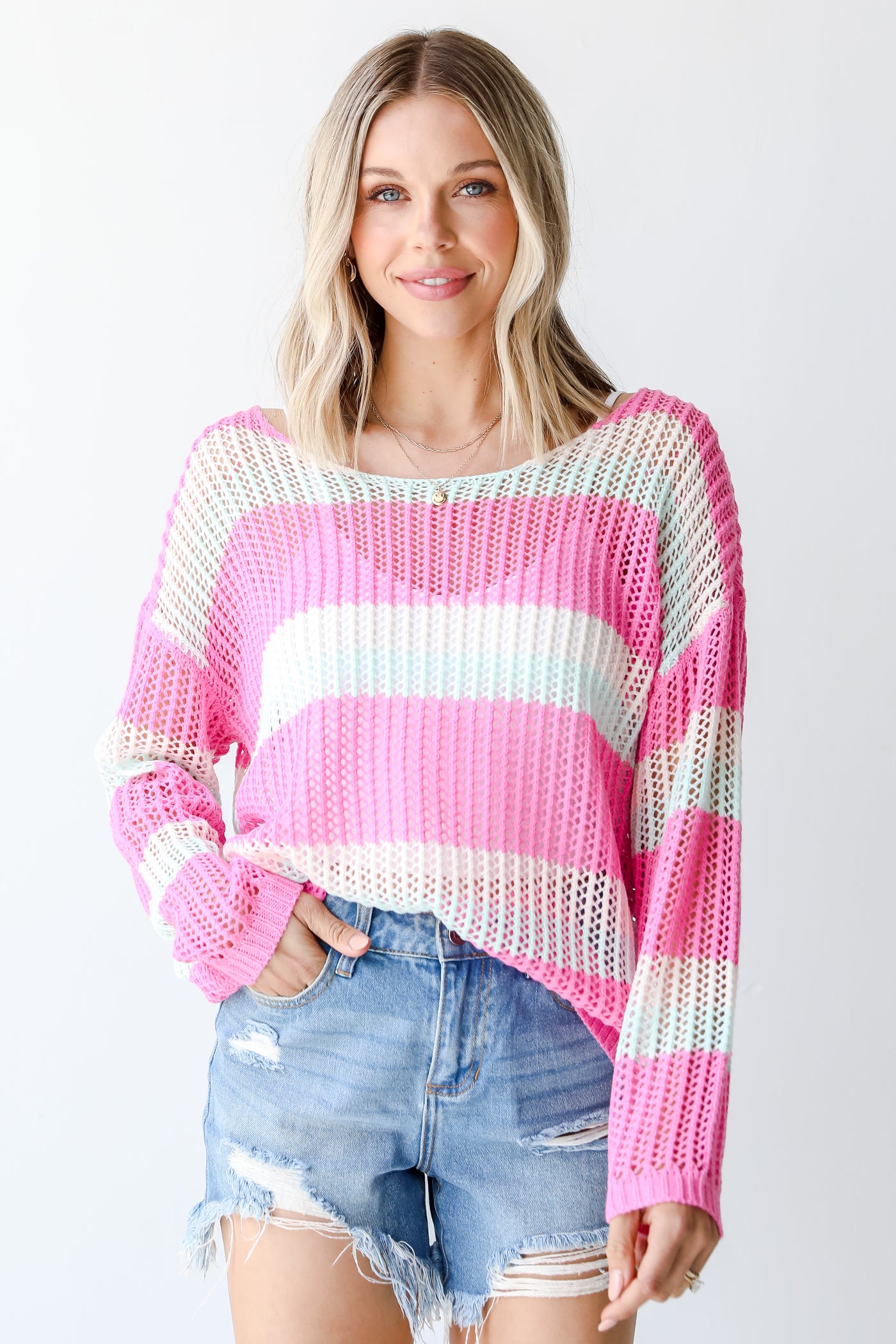Striped Loose Knit Top on model