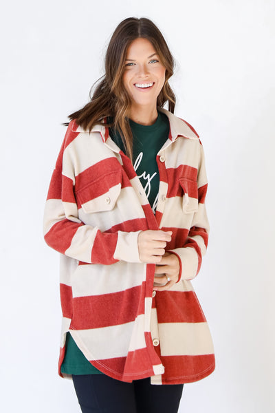 Striped Shacket in red on model