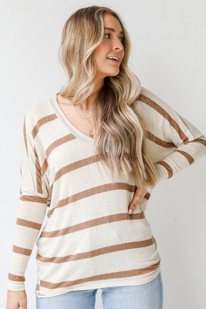 Oversized Striped Top in mocha front view