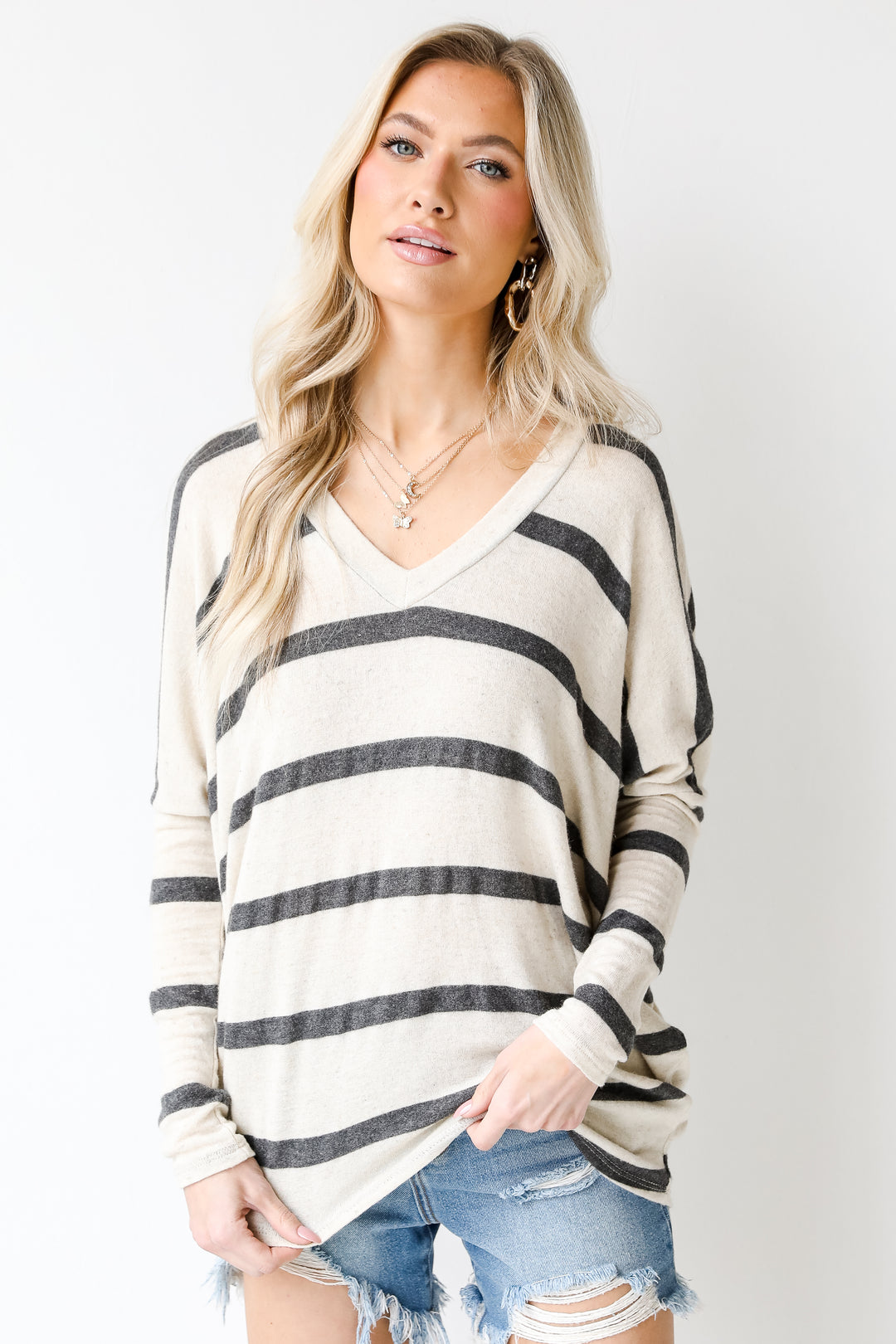 Oversized Striped Top in charcoal front view