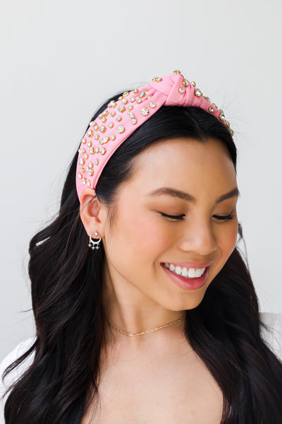pink Rhinestone Knotted Headband on model