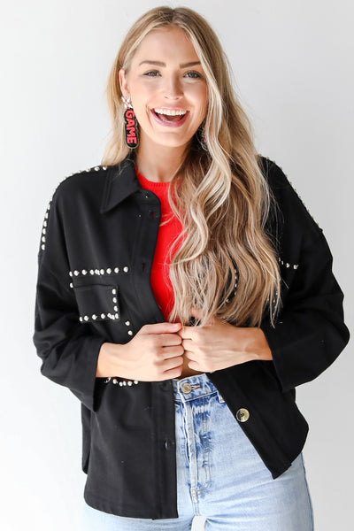 black studded jacket on model