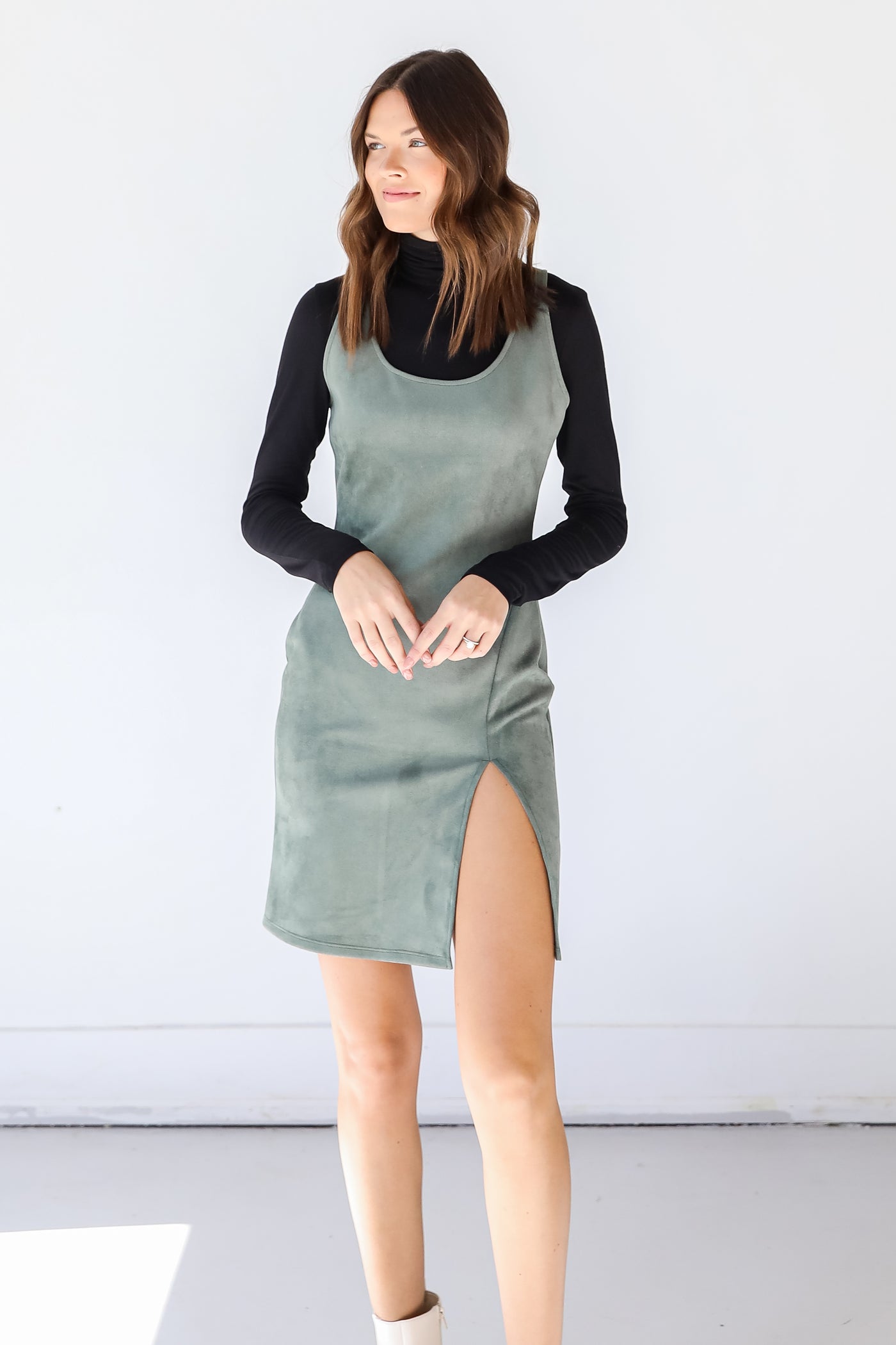 Suede Bodycon Dress in teal front view