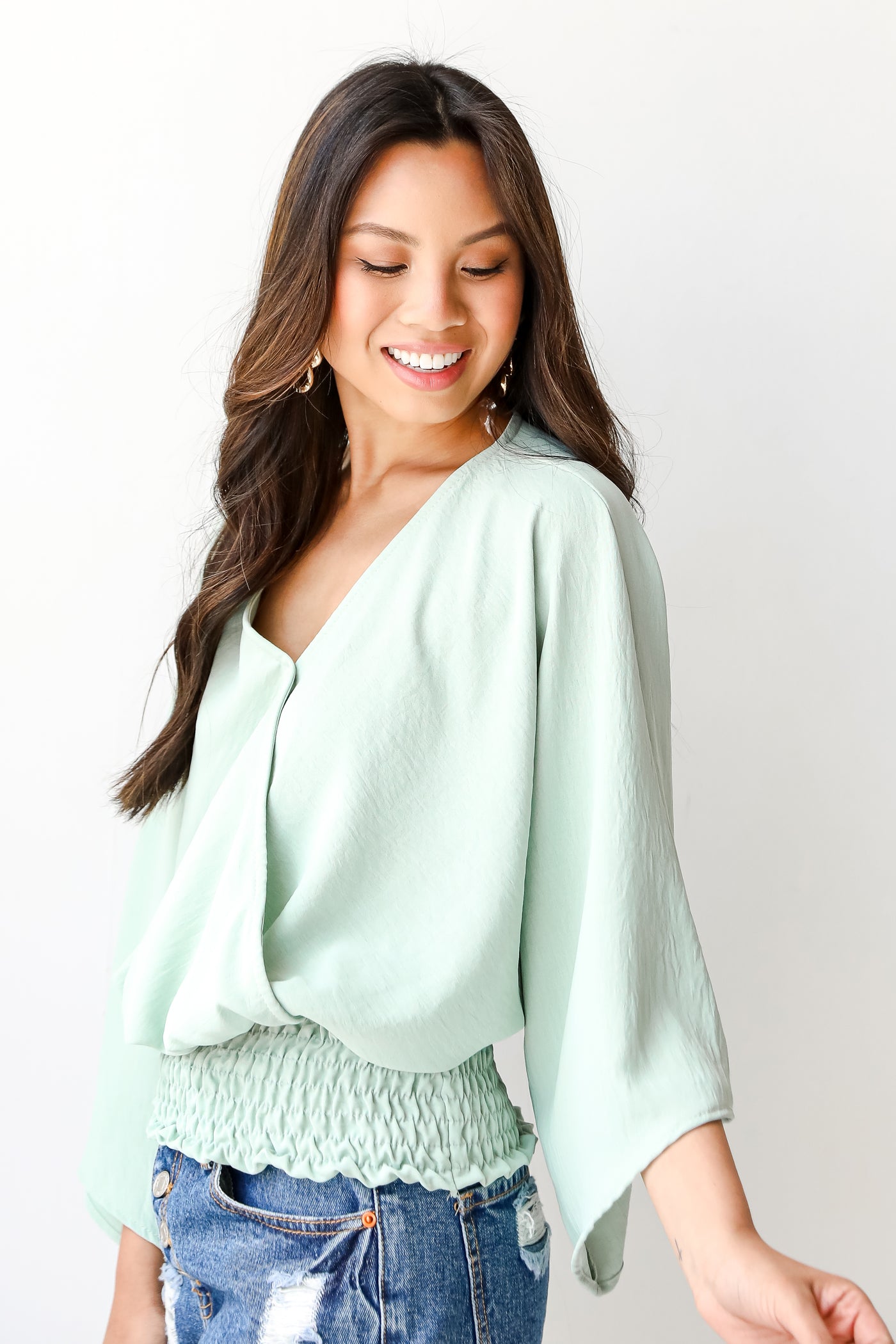 Smocked Surplice Blouse in sage side view