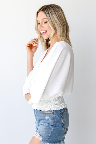 Smocked Surplice Blouse in white side view