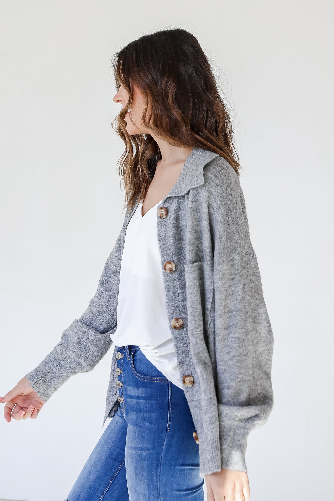 Sweater Cardigan in heather grey side view