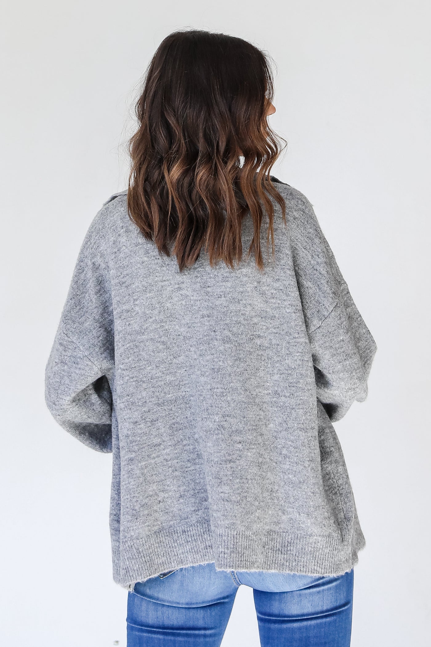 Sweater Cardigan in heather grey back view
