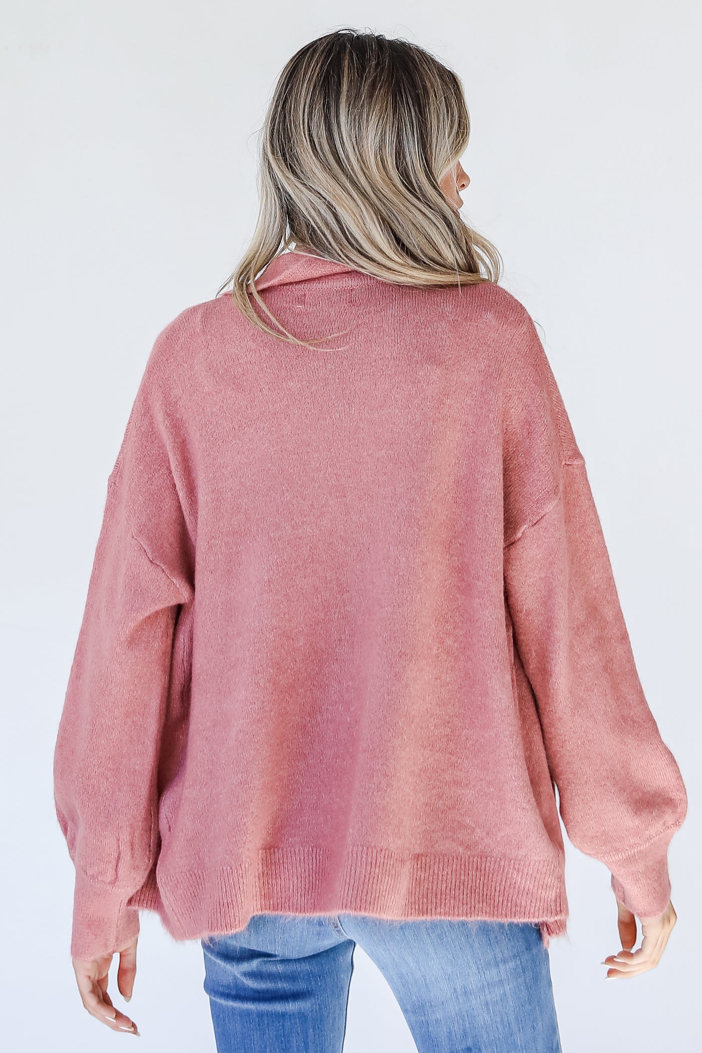 Sweater Cardigan in mauve back view