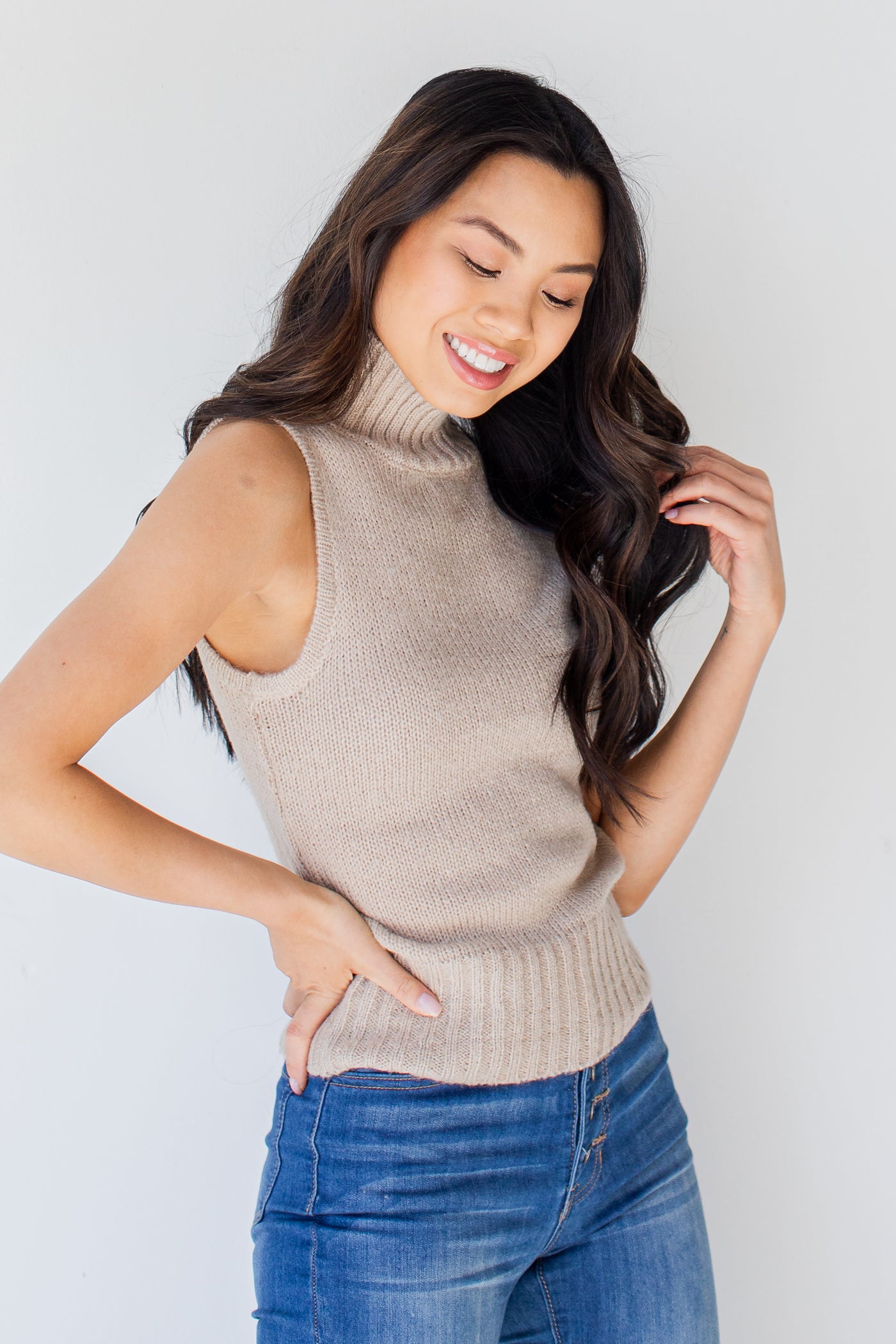 Sweater Tank in taupe side view