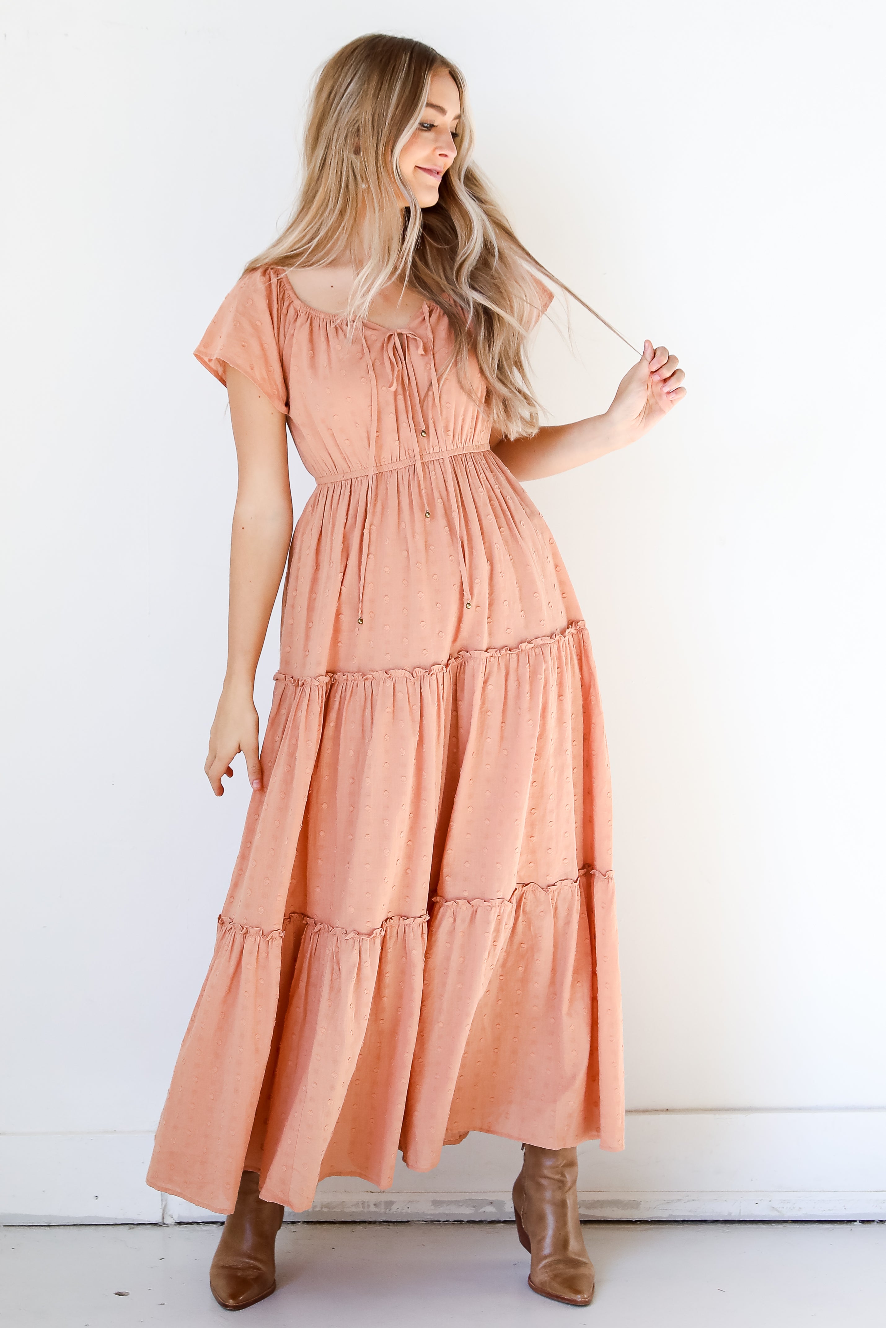 Swiss Dot Tiered Maxi Dress on model