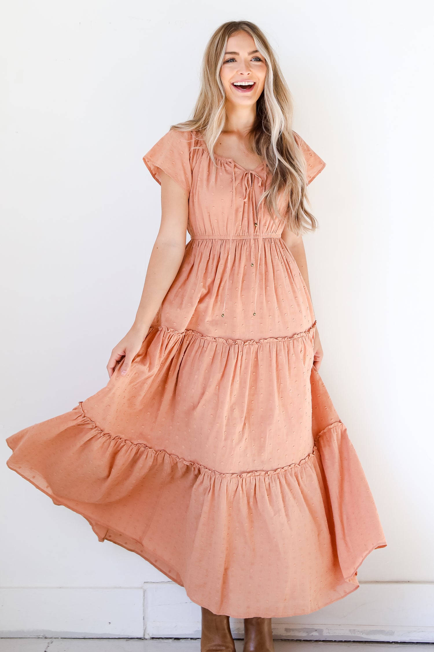 Swiss Dot Tiered Maxi Dress front view