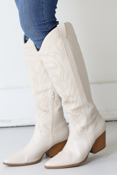 white Western Knee High Boots