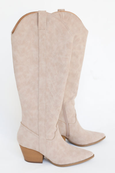 taupe Western Knee High Boots side view