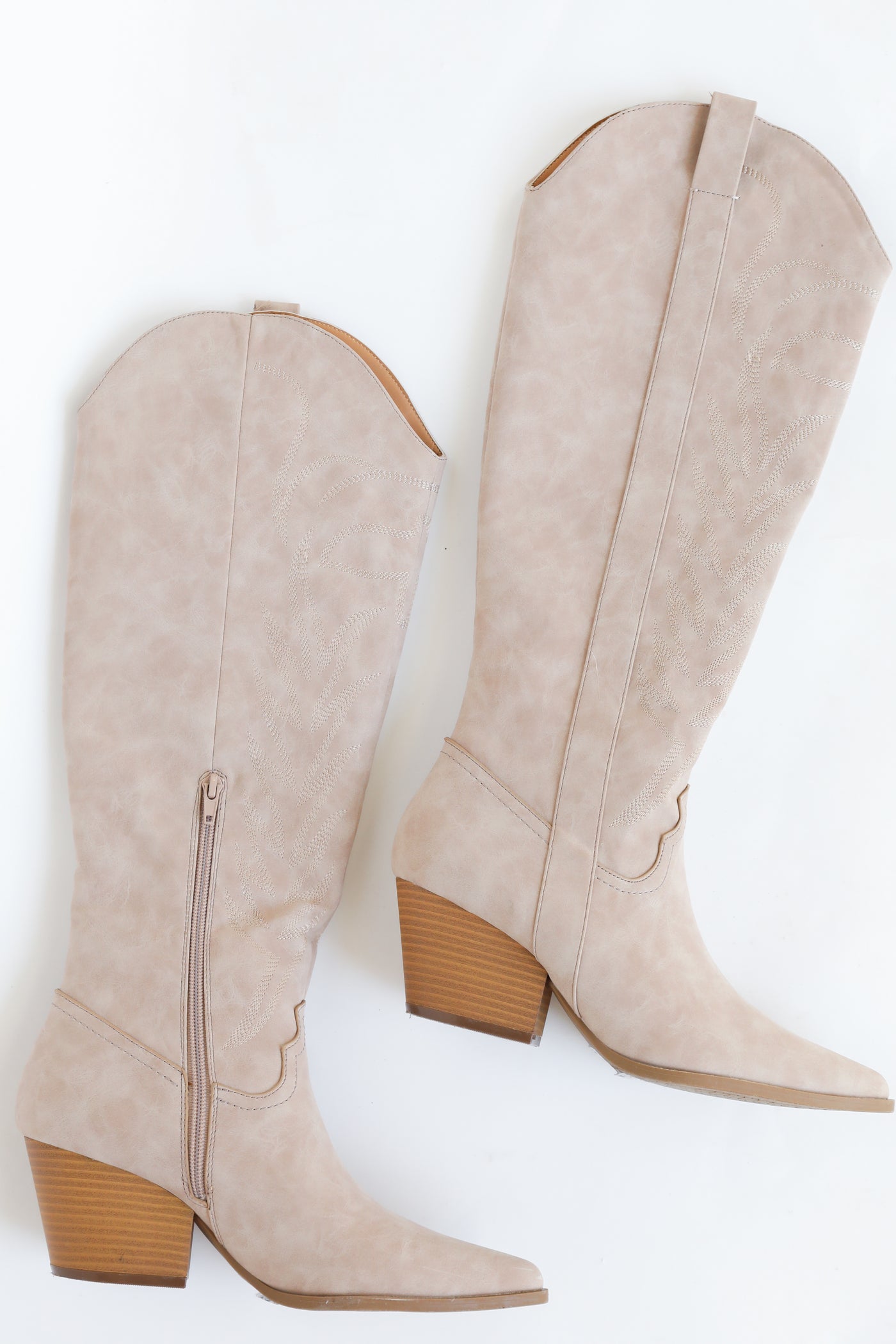 taupe Western Knee High Boots flat lay